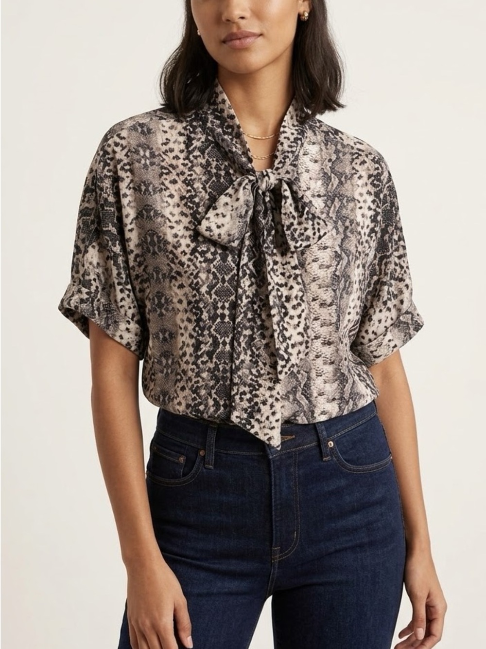 Blush Snake-Print Tie-Neck Short Sleeve Blouse